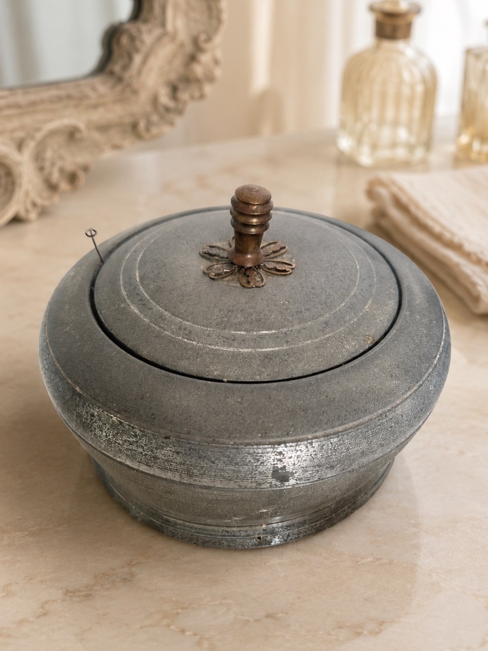 Antique 1920’s spun aluminum/tin musical powder box/vanity trinket mirror box